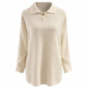 VTG Textured Knit Top Collared Pullover Cream‎ Cotton USA Womens Medium Cozycore